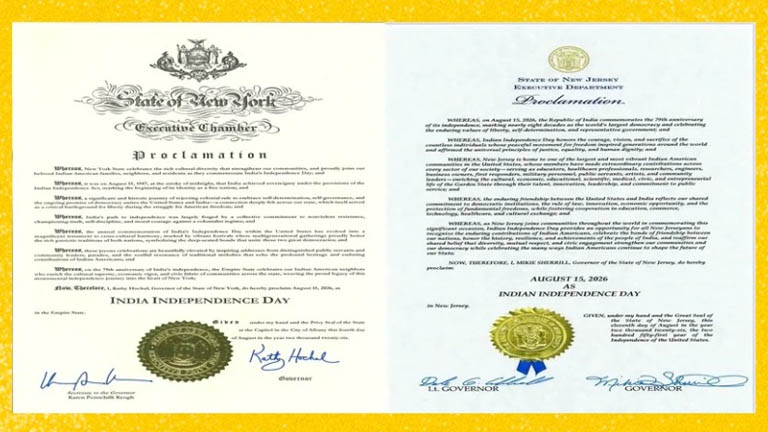 August 15 ‘India’s Independence Day’ - Official Proclamation from New York and New Jersey